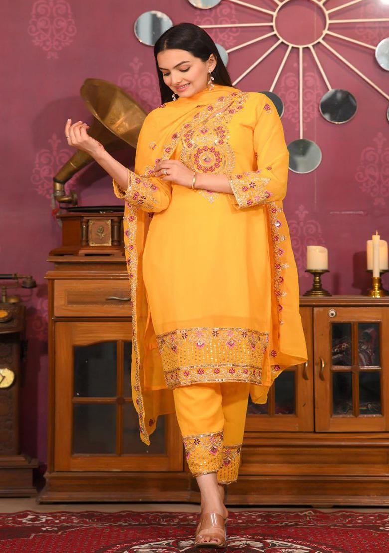 Yellow Embroidery Georgette Kurta Set - Indya