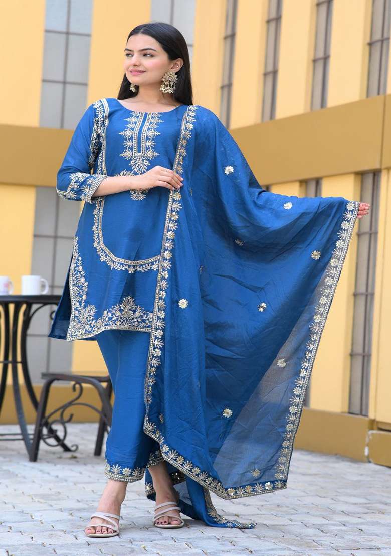 Blue Embroidered Chinon Straight Kurta Set - Indya