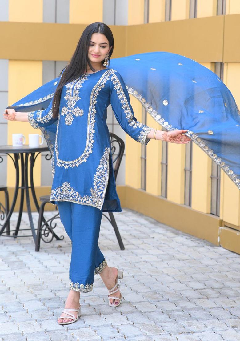 Blue Embroidery Chinon Kurta Set - Indya
