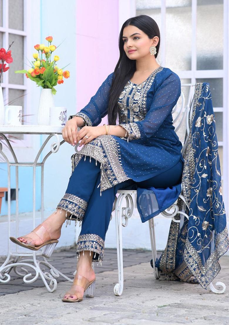 Teal Embroidery Georgette Kurta Set - Indya