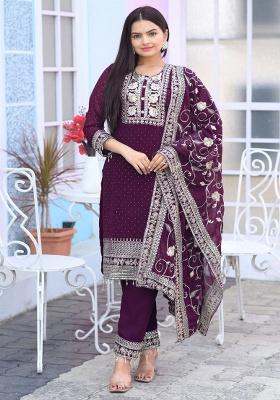 Wine Embroidery Georgette Kurta Set