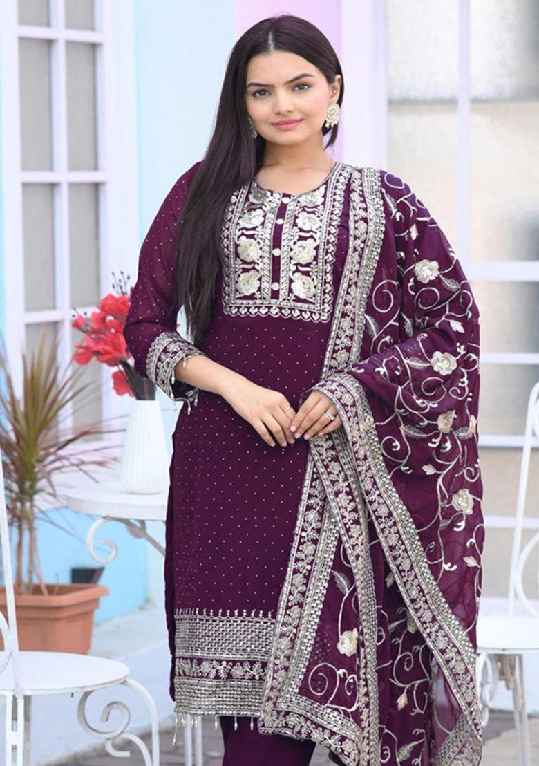 Wine Embroidery Georgette Kurta Set - Indya