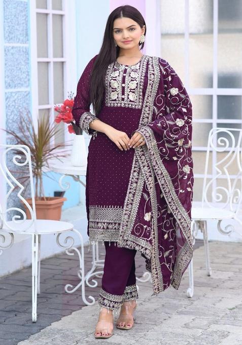 Wine Embroidery Georgette Kurta Set