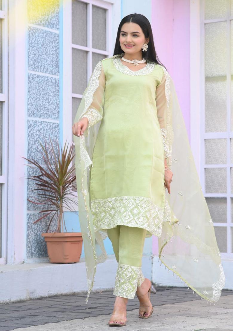 Pista Embroidery Organza Kurta Set - Indya