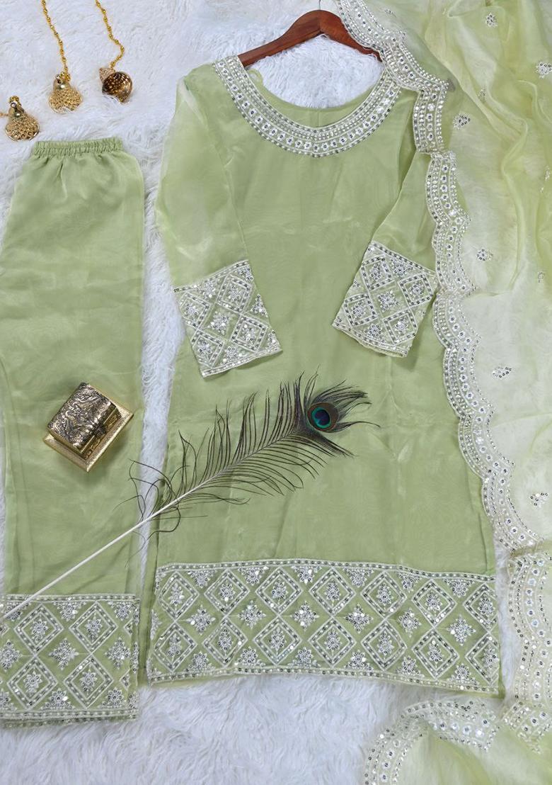 Pista Embroidery Organza Kurta Set - Indya