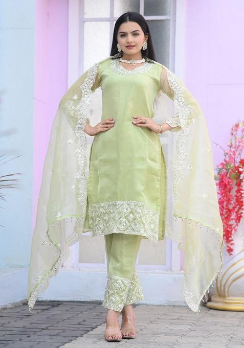Pista Embroidery Organza Kurta Set