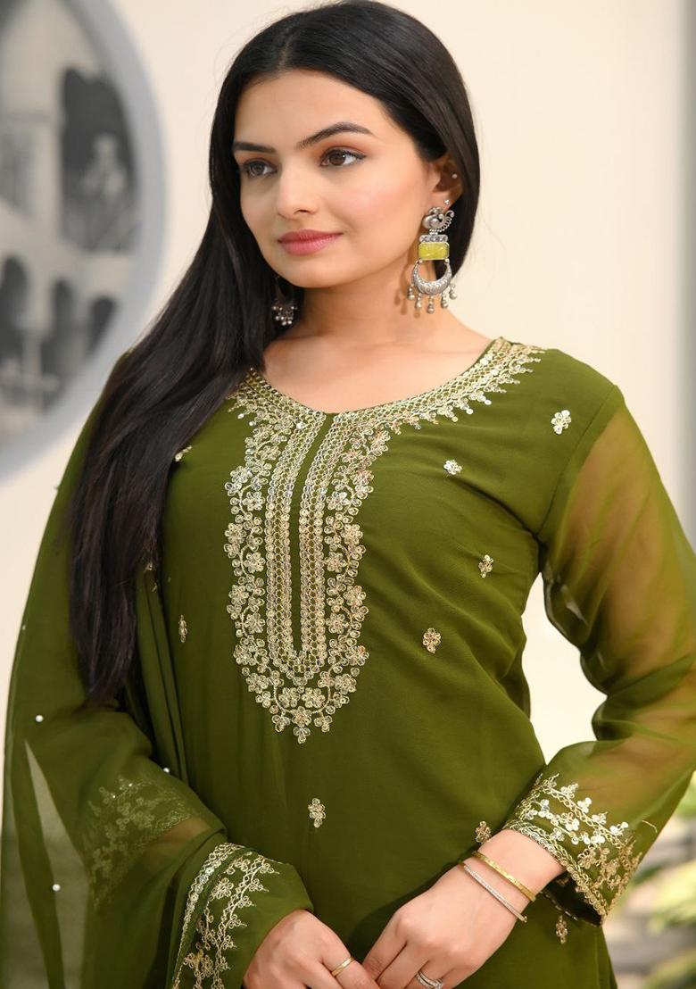 Mehendi Green Embroidery Georgette Kurta Set - Indya