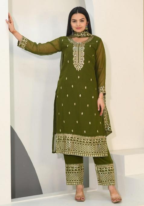 Mehendi Green Embroidery Georgette Kurta Set