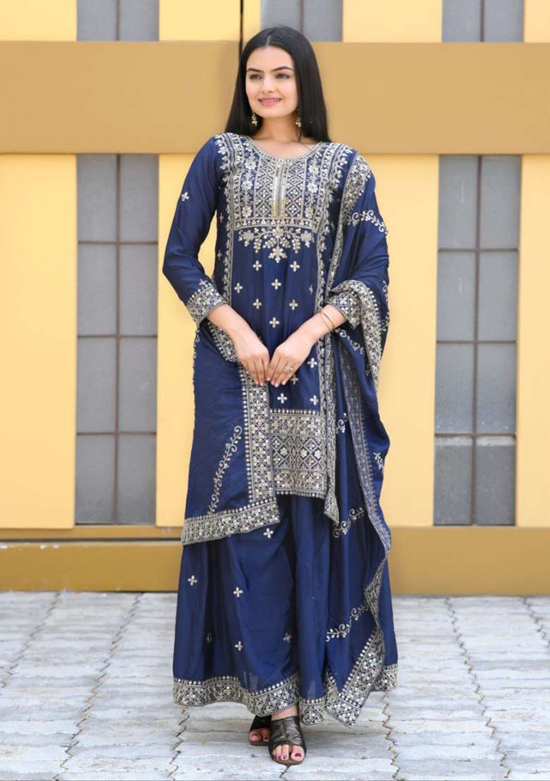 Navy Blue Embroidered Chinon Sharara Set - Indya
