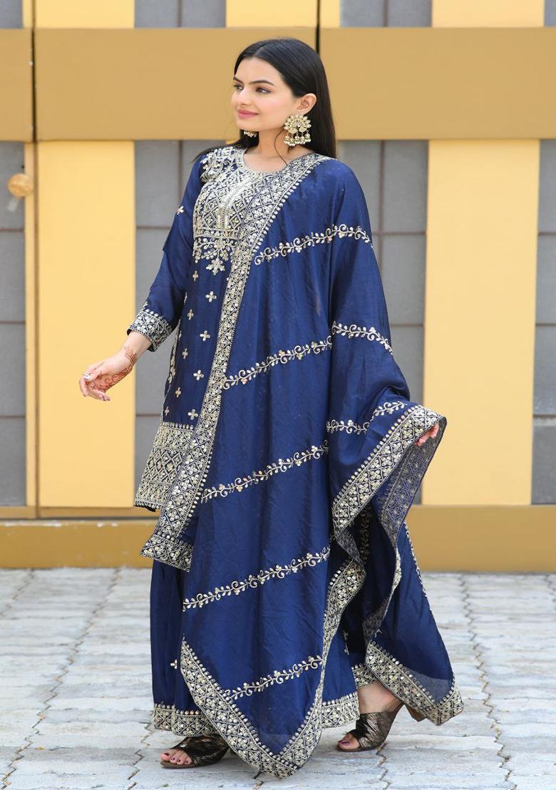 Navy Blue Embroidery Chinon Kurta Set - Indya