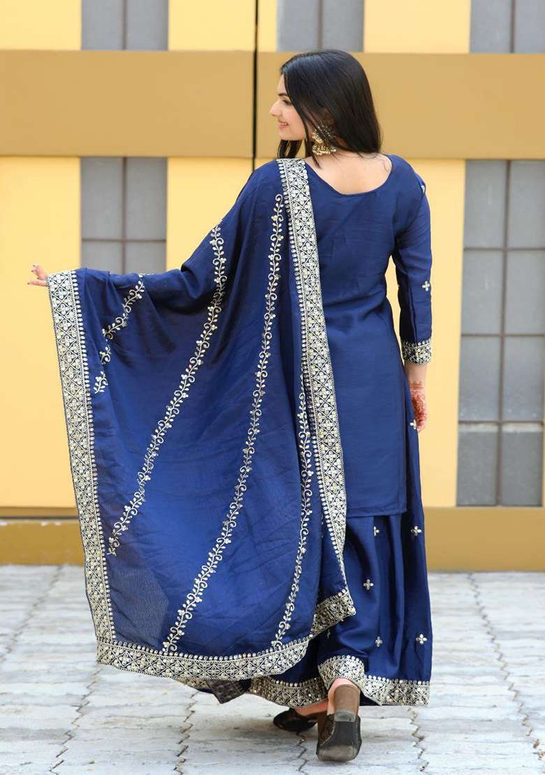 Navy Blue Embroidered Chinon Sharara Set - Indya