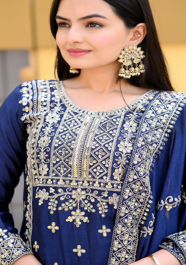 Navy Blue Embroidery Chinon Kurta Set - Indya