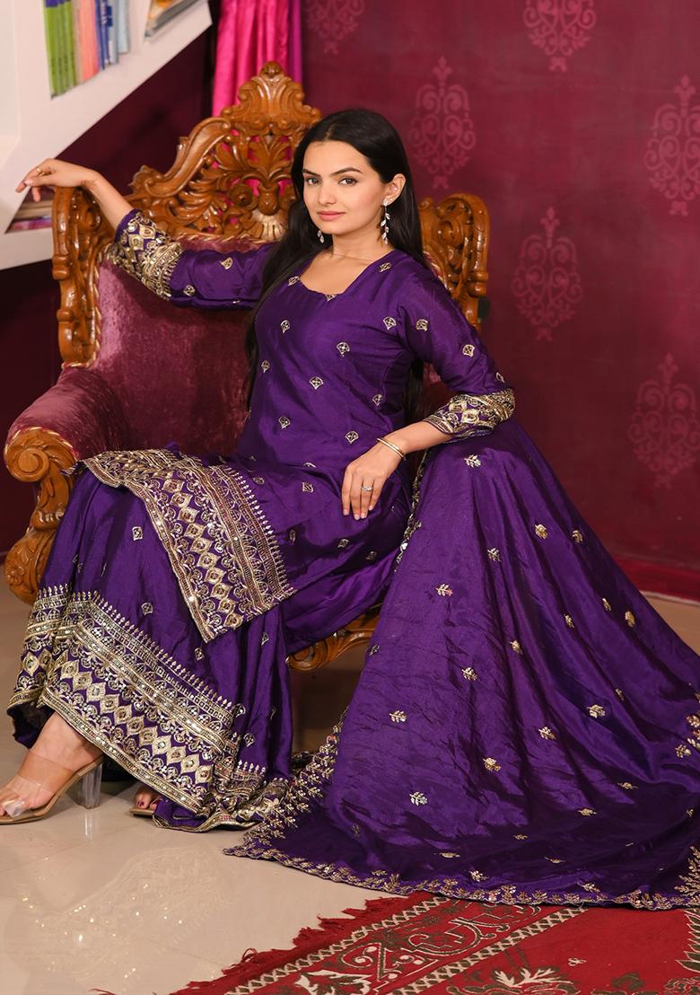 Purple Embroidered Chinon Sharara Set - Indya