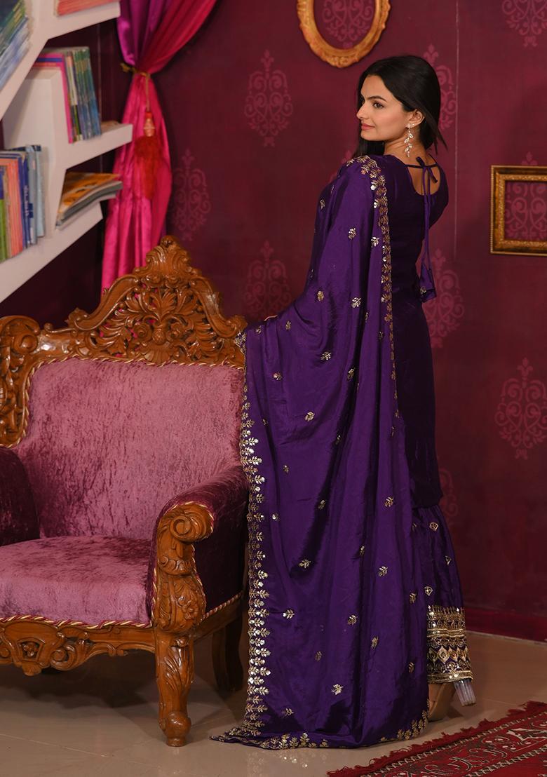 Purple Embroidery Chinon Kurta Set - Indya