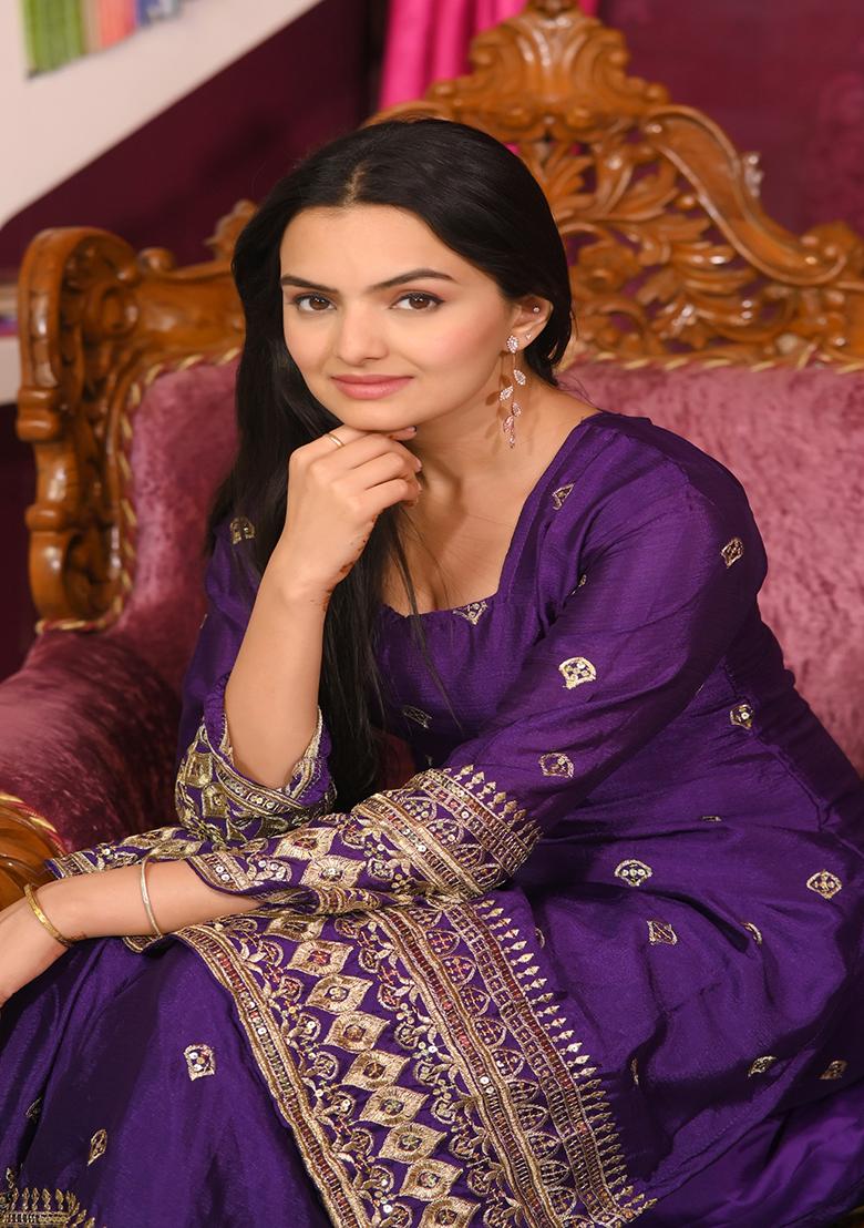 Purple Embroidered Chinon Sharara Set - Indya