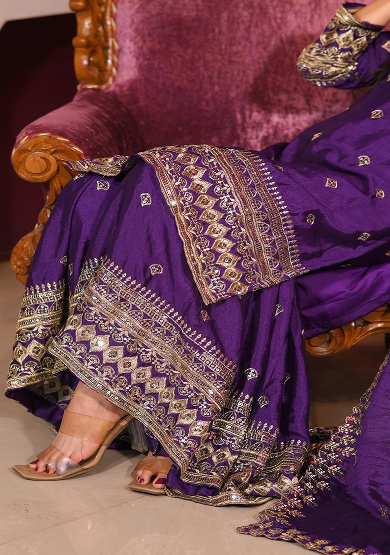 Purple Embroidery Chinon Kurta Set - Indya