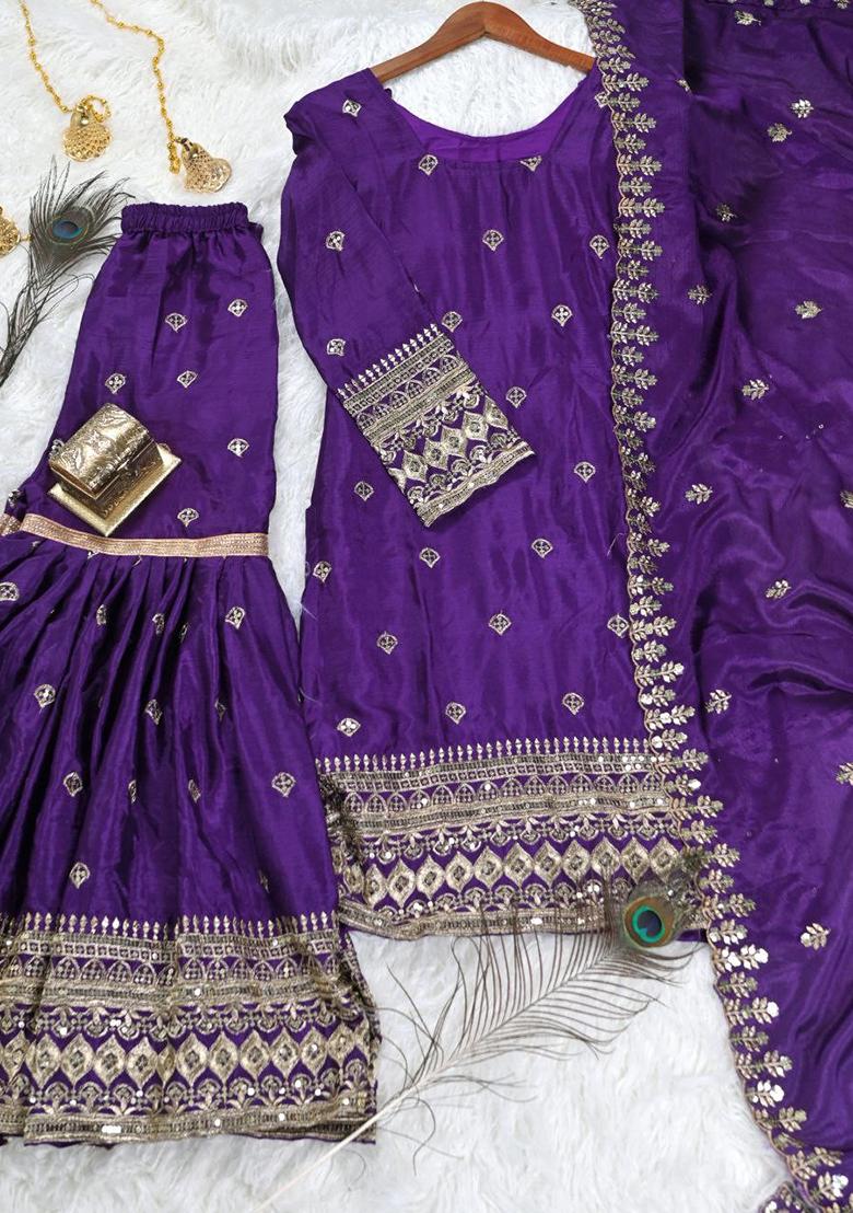 Purple Embroidered Chinon Sharara Set - Indya