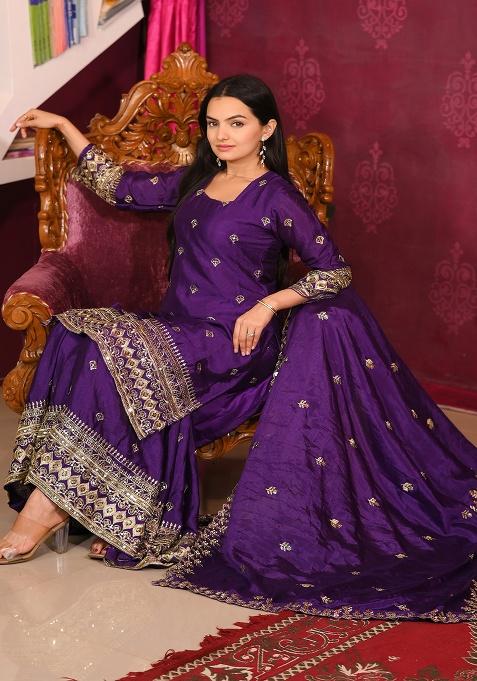 Purple Embroidery Chinon Kurta Set