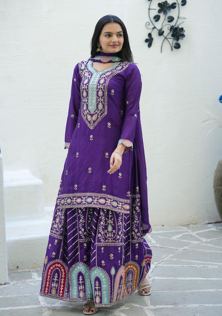 Purple Embroidery Chinon Kurta Set - Indya