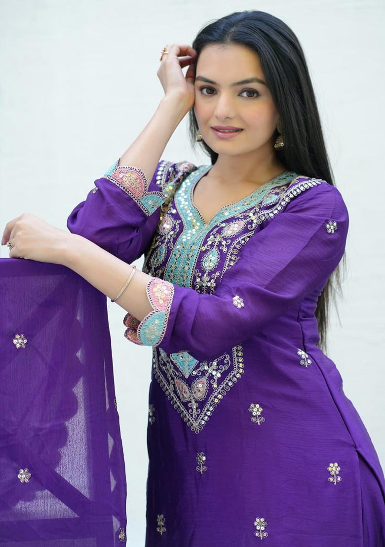 Purple Embroidery Chinon Kurta Set - Indya