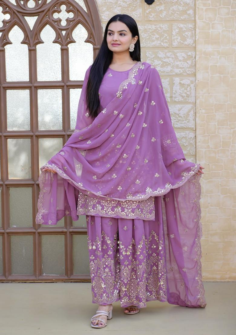 Lavender Embroidery Georgette Kurta Set - Indya