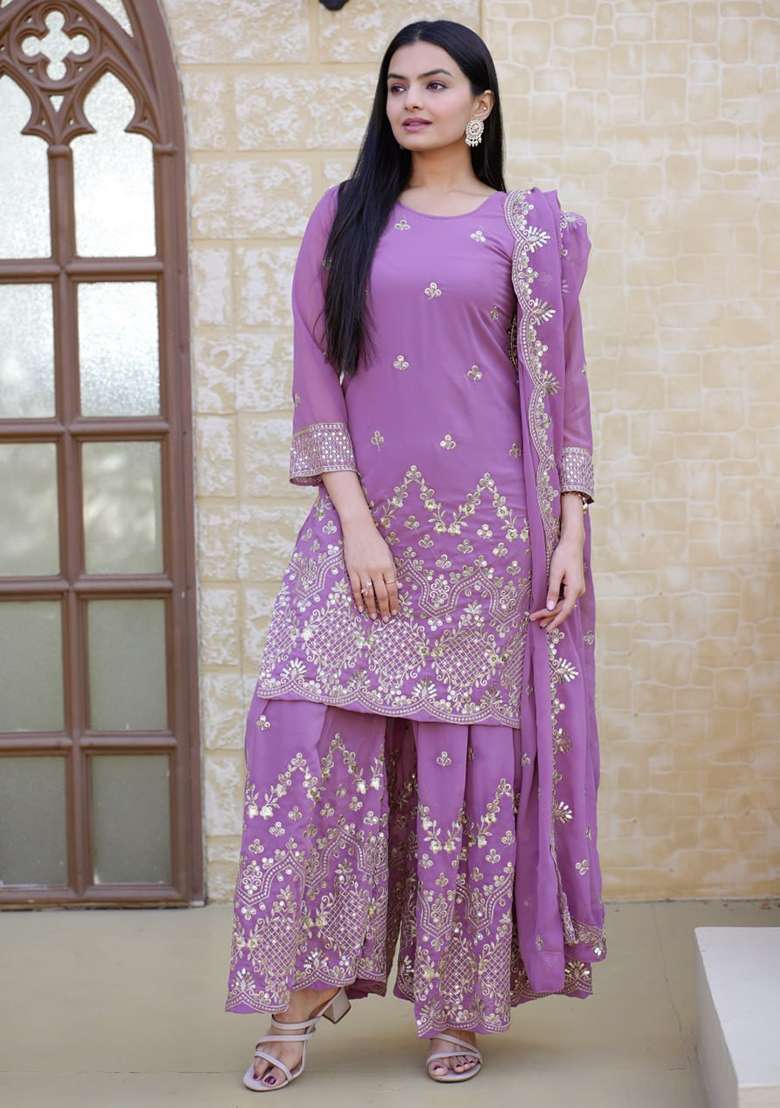 Lavender Embroidered Georgette Sharara Set - Indya