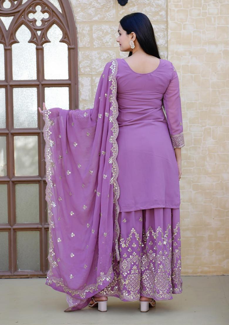 Lavender Embroidery Georgette Kurta Set - Indya