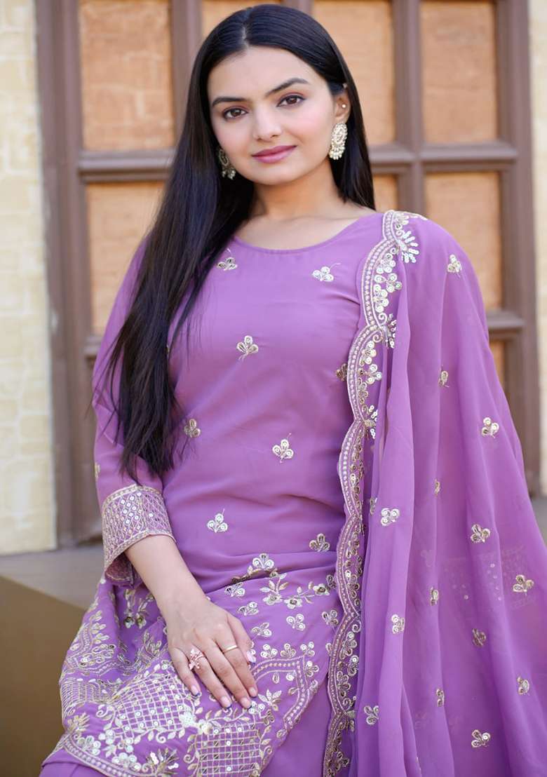 Lavender Embroidered Georgette Sharara Set - Indya