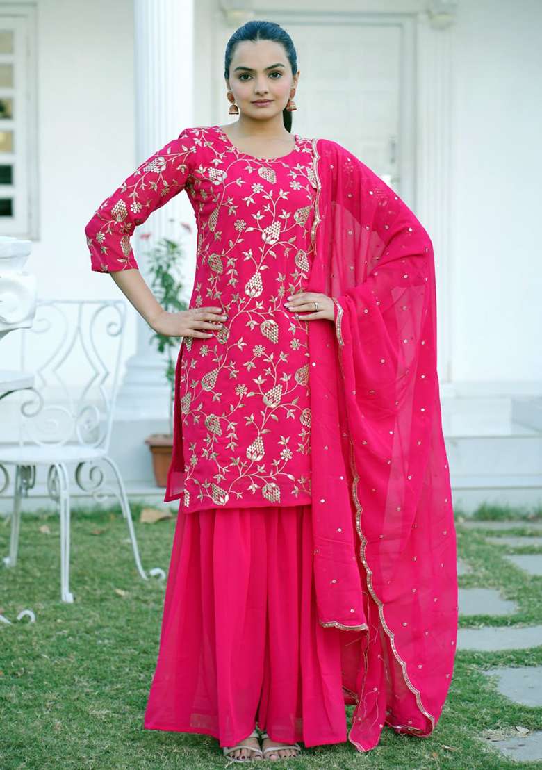 Rani Pink Embroidered Georgette Sharara Set - Indya