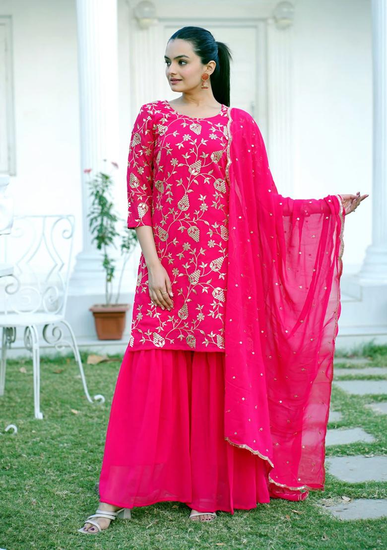 Rani Pink Embroidery Georgette Kurta Set - Indya