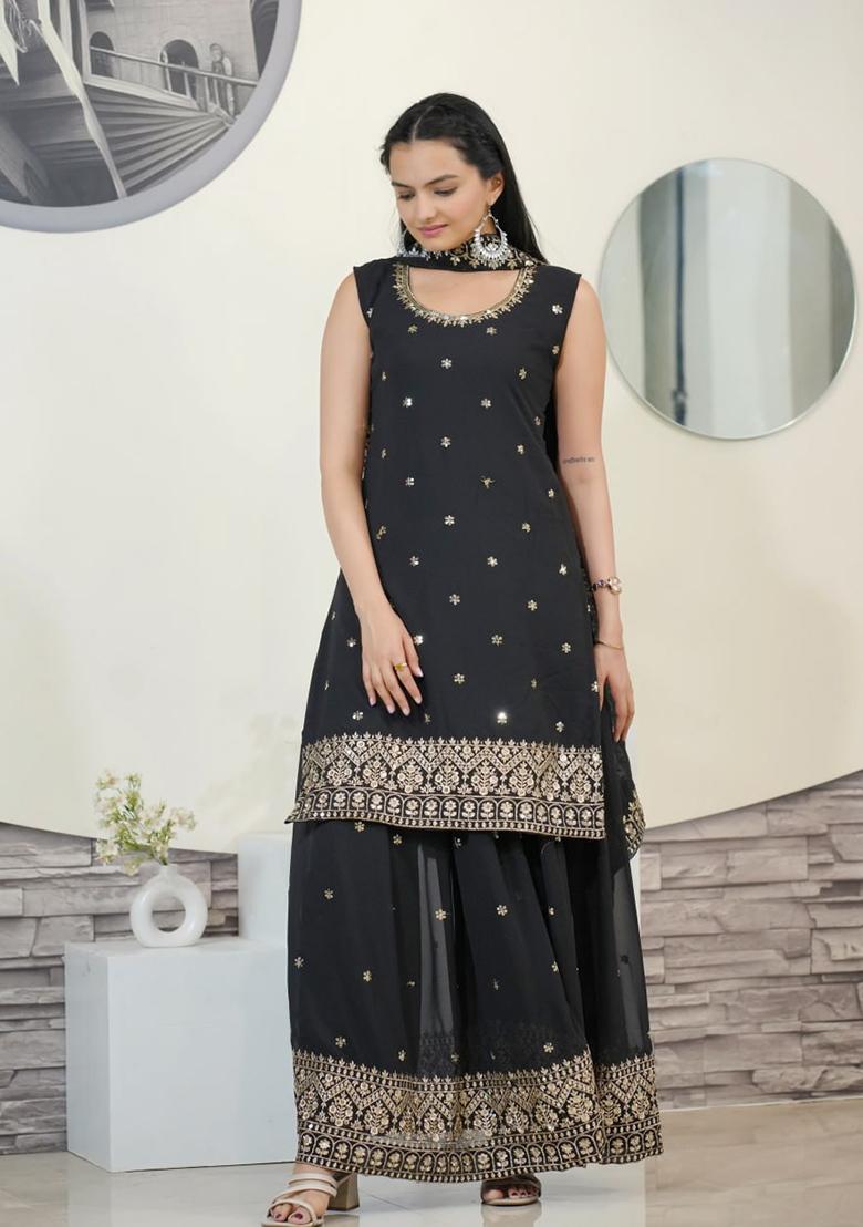 Black Embroidery Georgette Kurta Set - Indya
