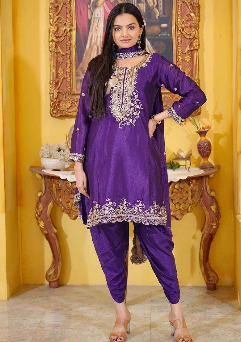 Purple Embroidered Chinon Punjabi Suit - Indya