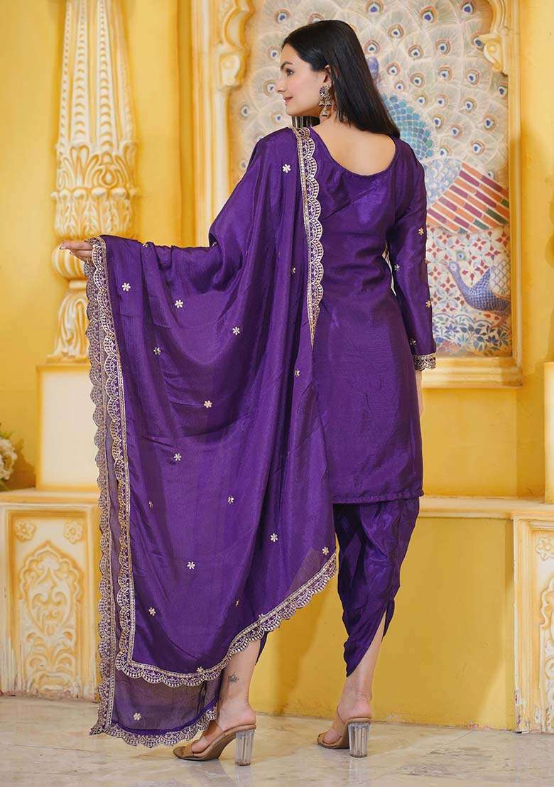 Purple Embroidered Chinon Punjabi Suit - Indya