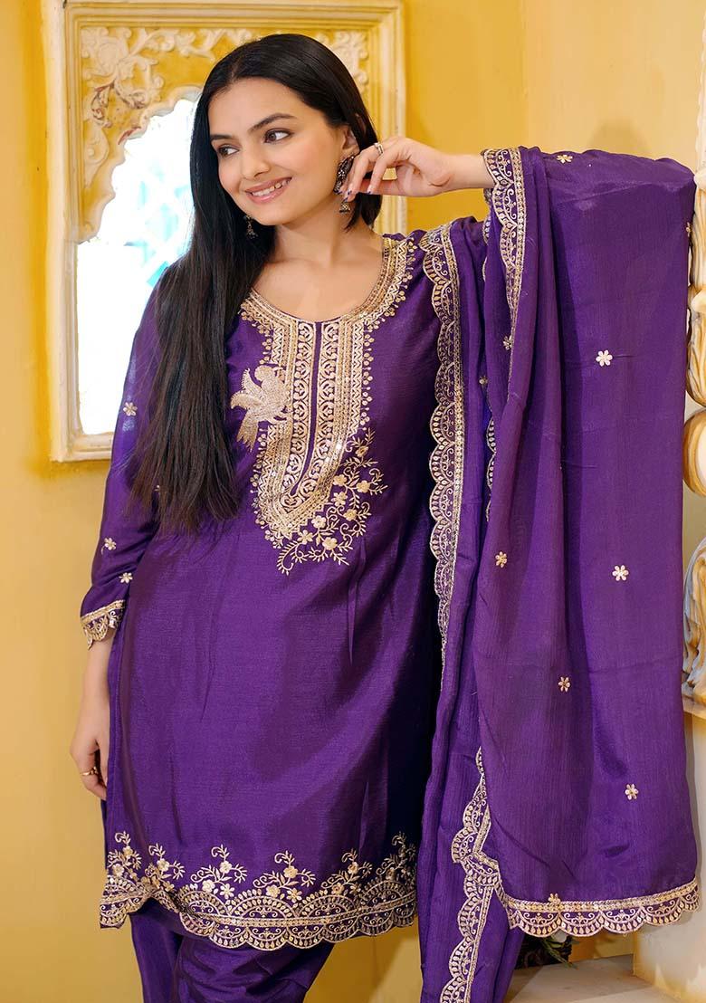 Purple Embroidery Chinon Kurta Set - Indya
