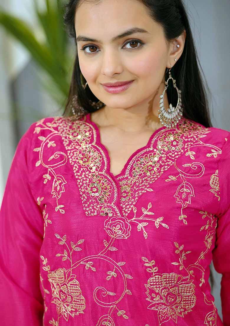 Pink Embroidery Chinon Kurta Set - Indya