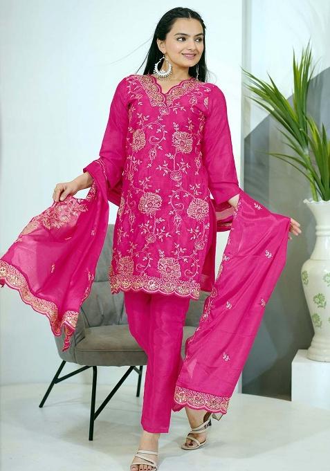 Pink Embroidery Chinon Kurta Set