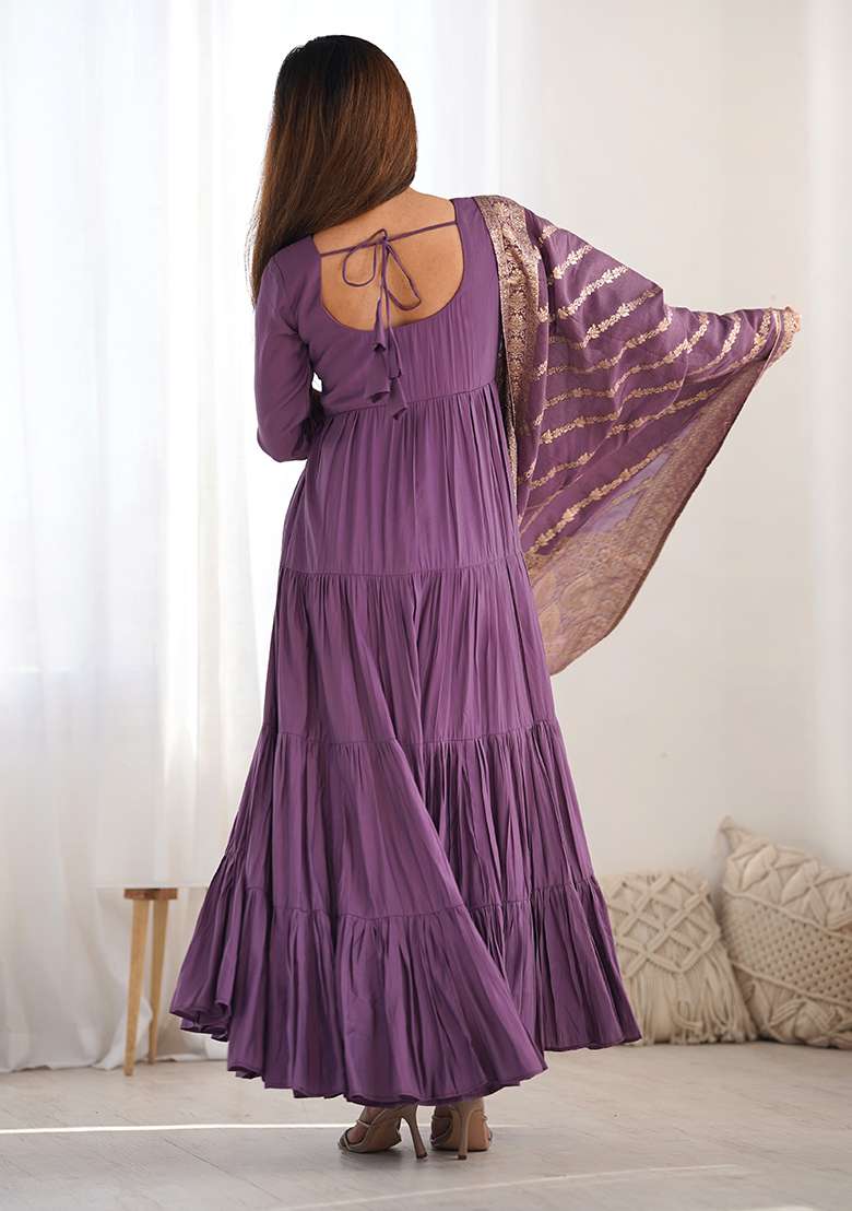 Mauve Jacquard Work Dupatta Silk Blend Kurta Set - Indya