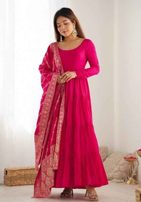 Pink Jacquard Work Dupatta Silk Kurta Set