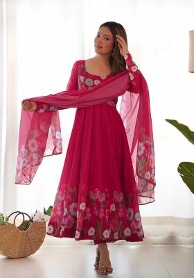 Rani Pink Printed Work Silk Kurta Set