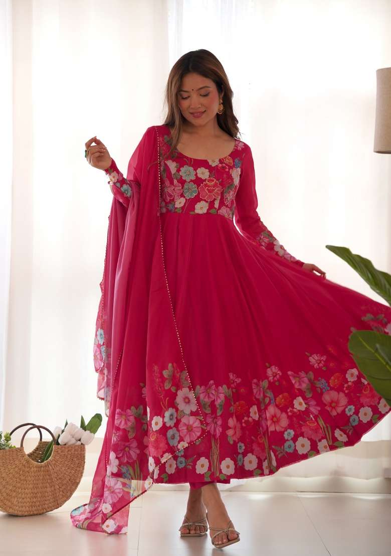 Rani Pink Printed Work Silk Blend Kurta Set - Indya