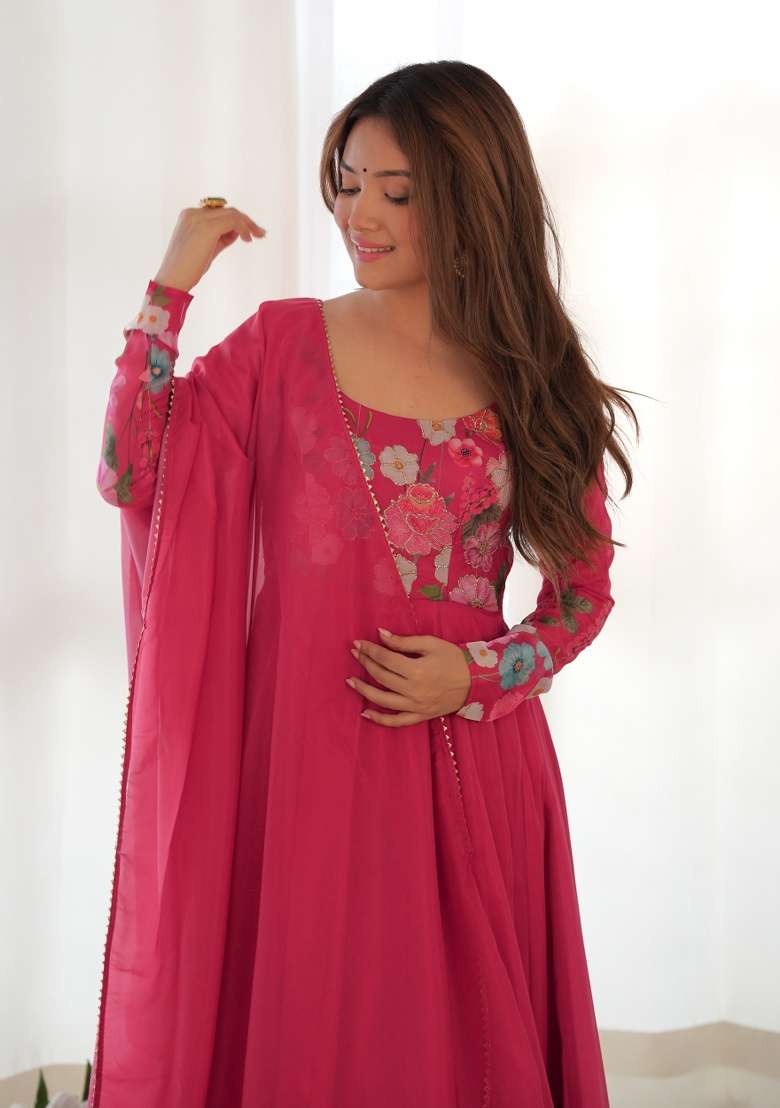 Rani Pink Printed Work Silk Blend Kurta Set - Indya