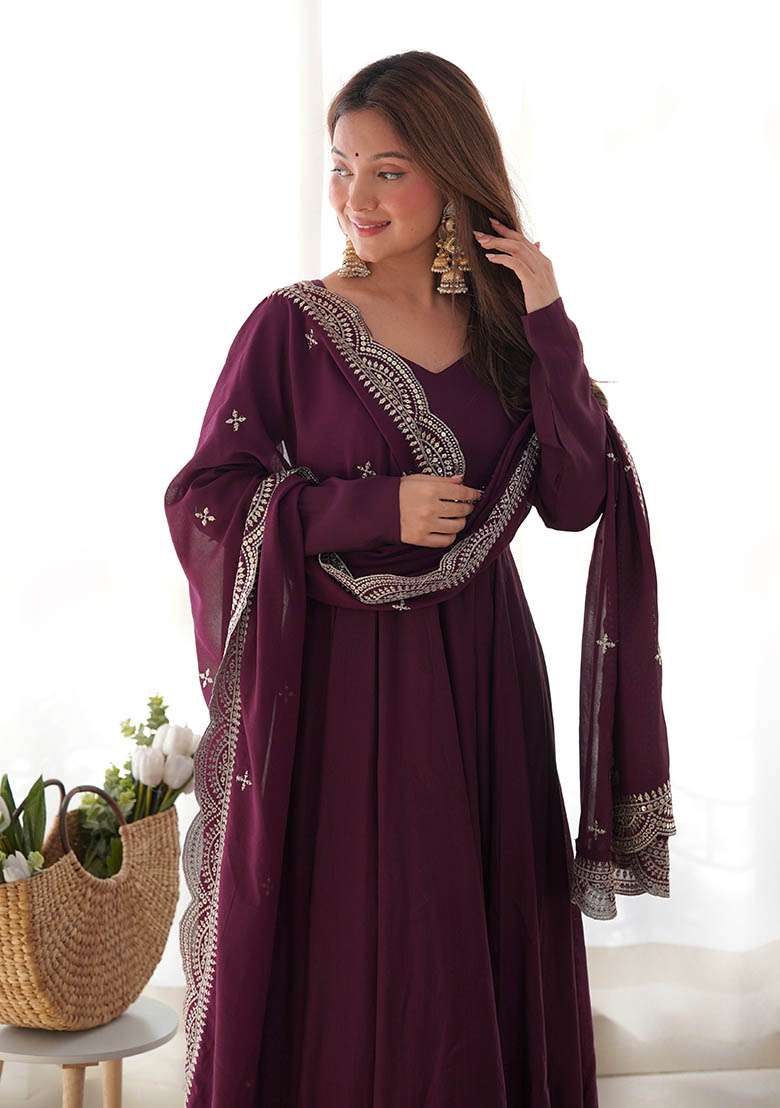 Wine Embroidery Silk Blend Kurta Set - Indya