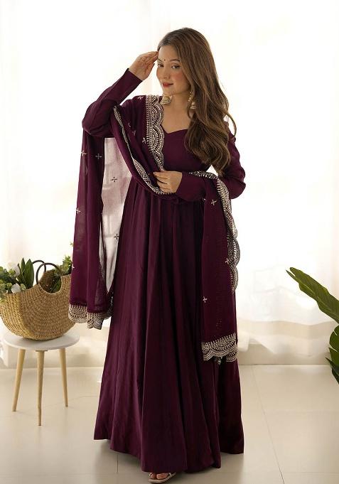 Wine Embroidery Silk Kurta Set