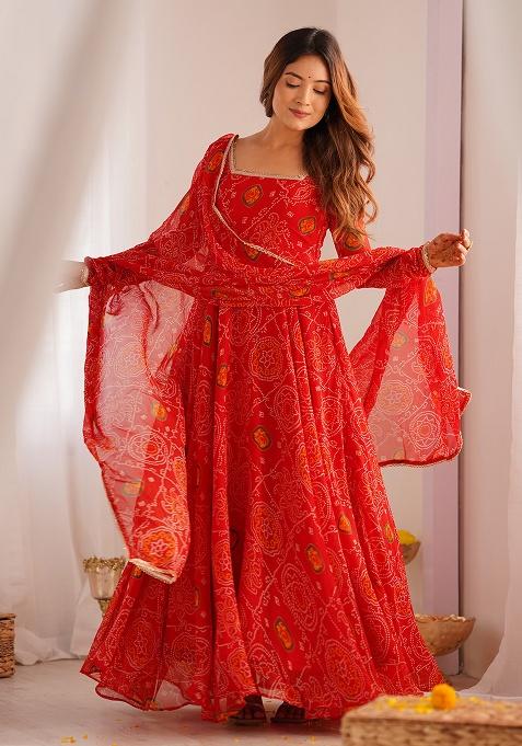 Red Printed Work Chiffon Kurta Set