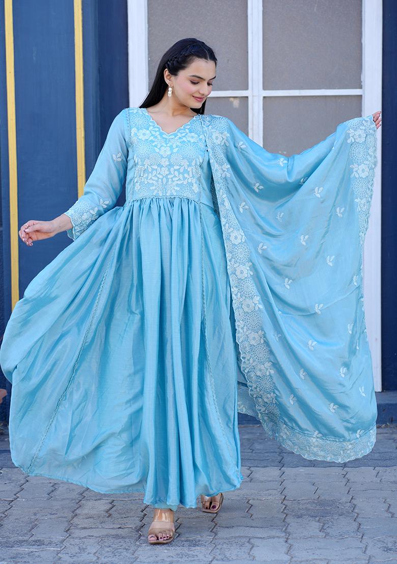 Sky Blue Embroidery Chinon Kurta Set - Indya