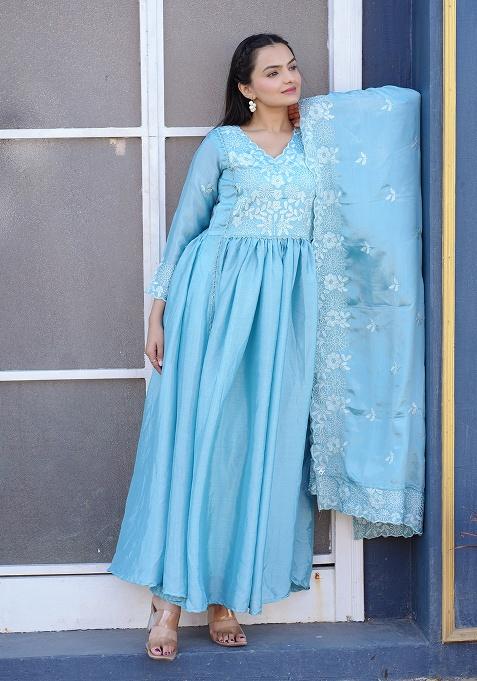 Sky Blue Embroidery Chinon Kurta Set