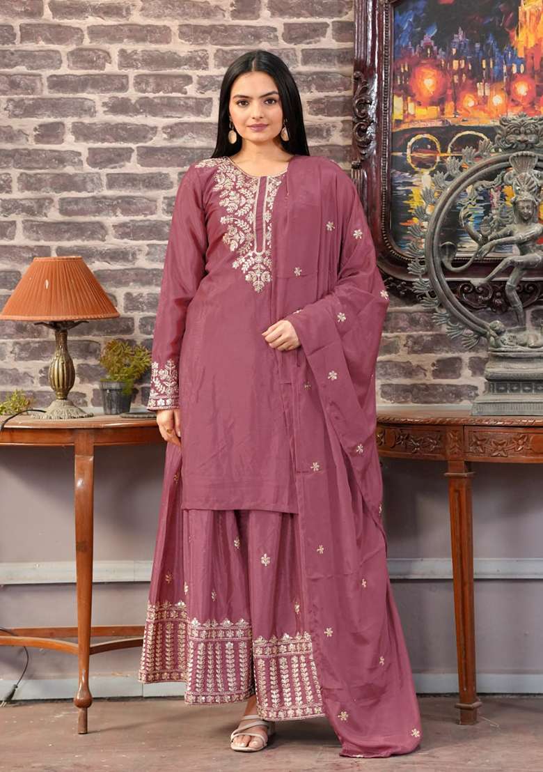 Mauve Embroidered Chinon Sharara Set - Indya