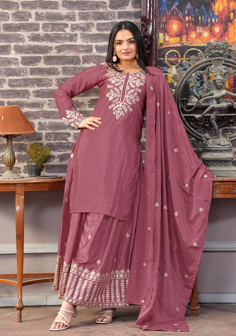 Mauve Embroidery Chinon Kurta Set - Indya