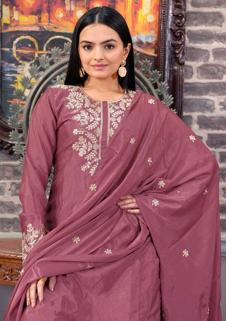 Mauve Embroidered Chinon Sharara Set - Indya