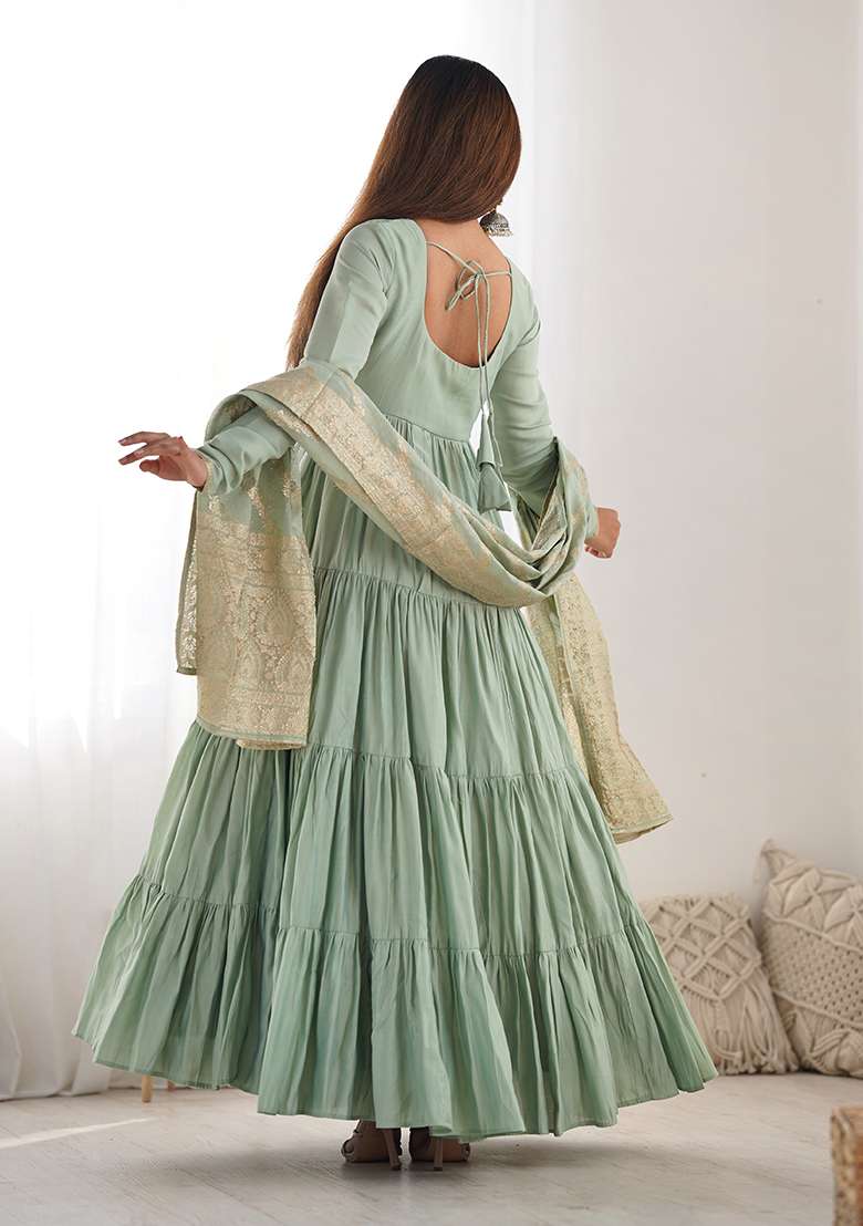 Pista Jacquard Work Dupatta Silk Blend Kurta Set - Indya